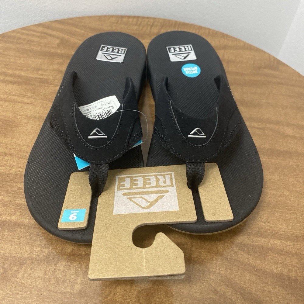 Reef Mens Sandals 2026 Fanning Mens size  9 Black Silver Flip Flop Bottle opener